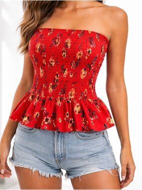 Justify Red Floral Smocked Strapless Top With Ruffled Hem. Size Medium.